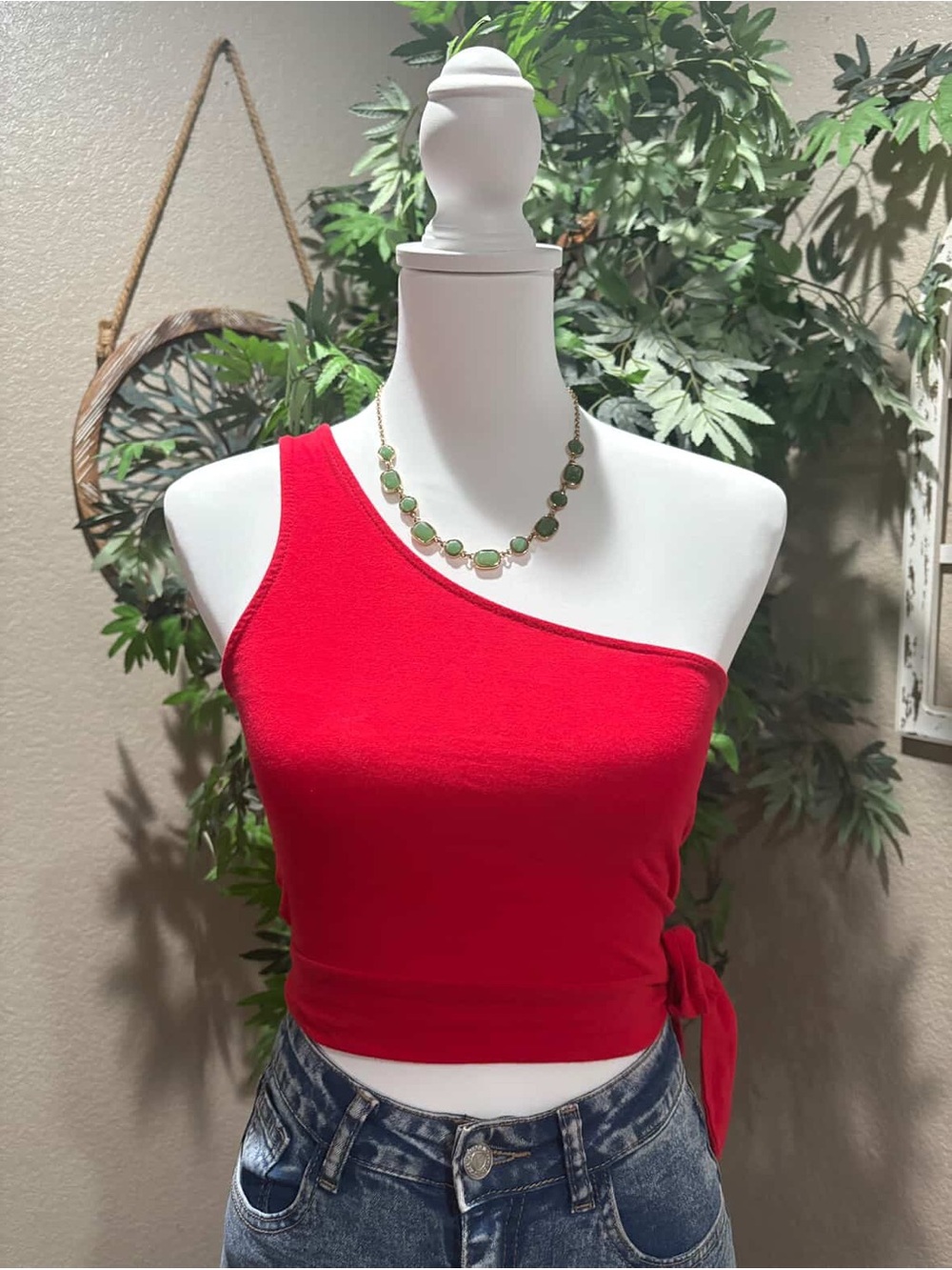 One-Shoulder Red Tie-Side Crop Top - Women's